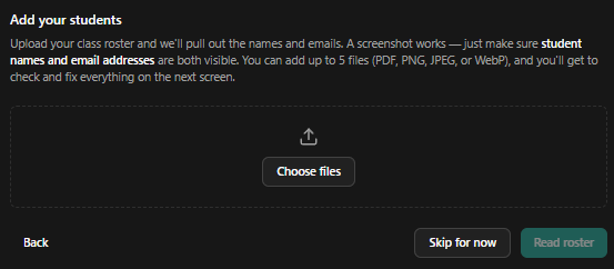Roster upload step explaining that a PDF or screenshot of a class roster can be uploaded for Lab-Tag to read student names and email addresses