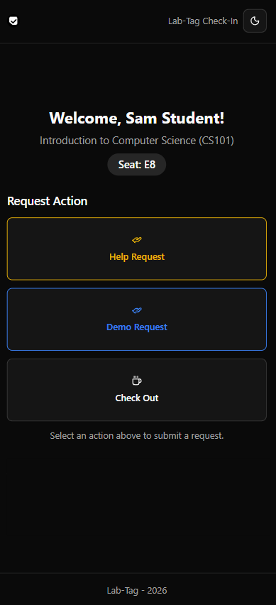 Student's phone view after checking in, showing their seat and buttons to request help, request a demo, or check out