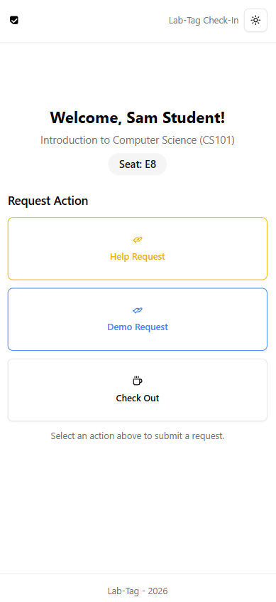 Student's phone view after checking in, showing their seat and buttons to request help, request a demo, or check out