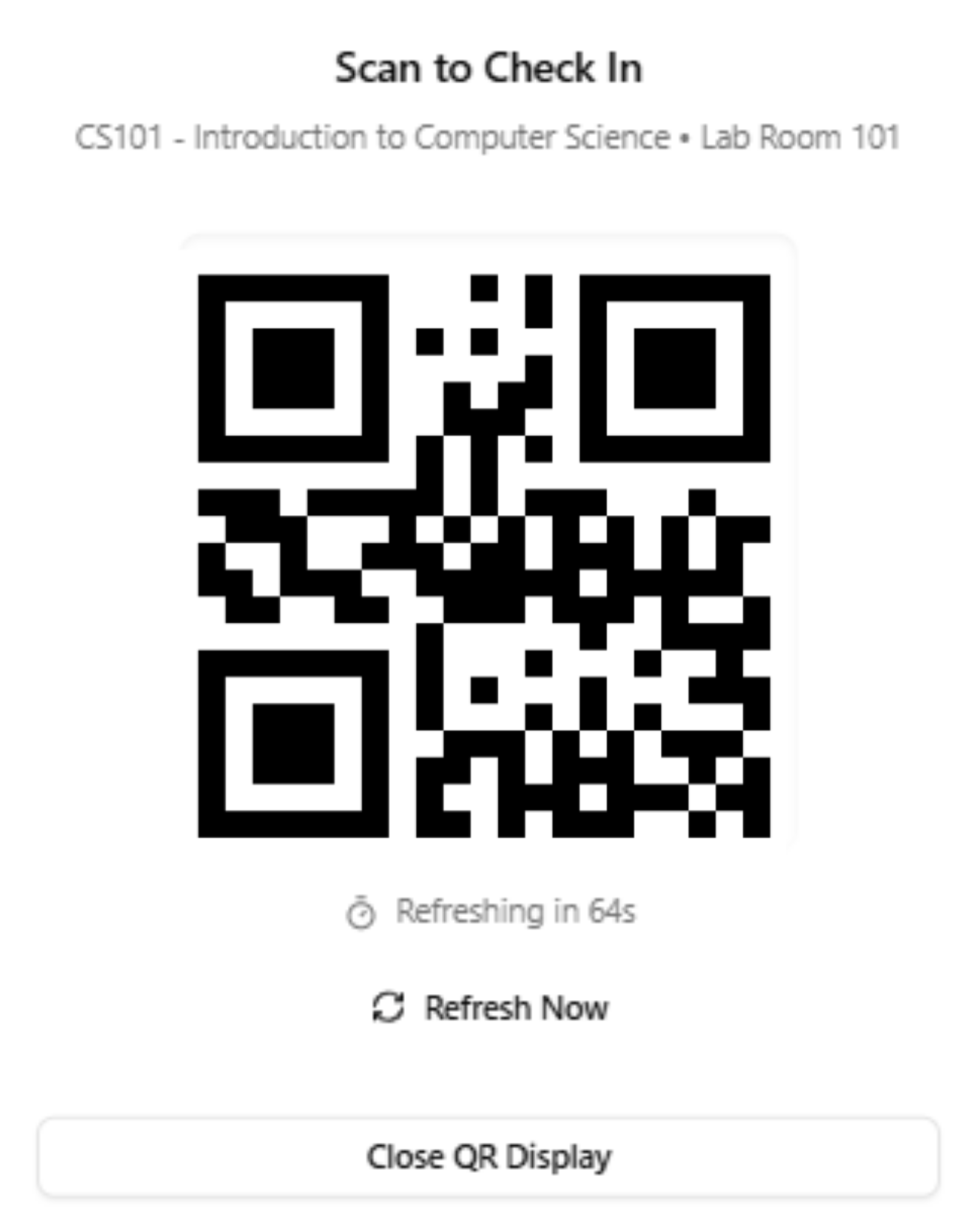 Classroom check-in screen showing a scannable QR code for a CS101 lab session in Lab Room 101